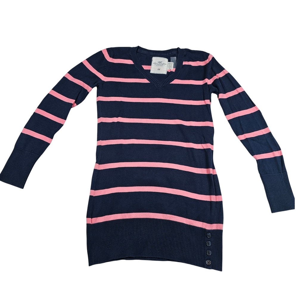 Girls H&M Striped V-Neck Knit Sweater Dress with Buttons, Preppy‎ Chic 10/12Y